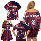 Personalized Melbourne Demons Family Matching Off Shoulder Short Dress and Hawaiian Shirt Polynesian Tribal Demon Mascot With Hibiscus Floral Art