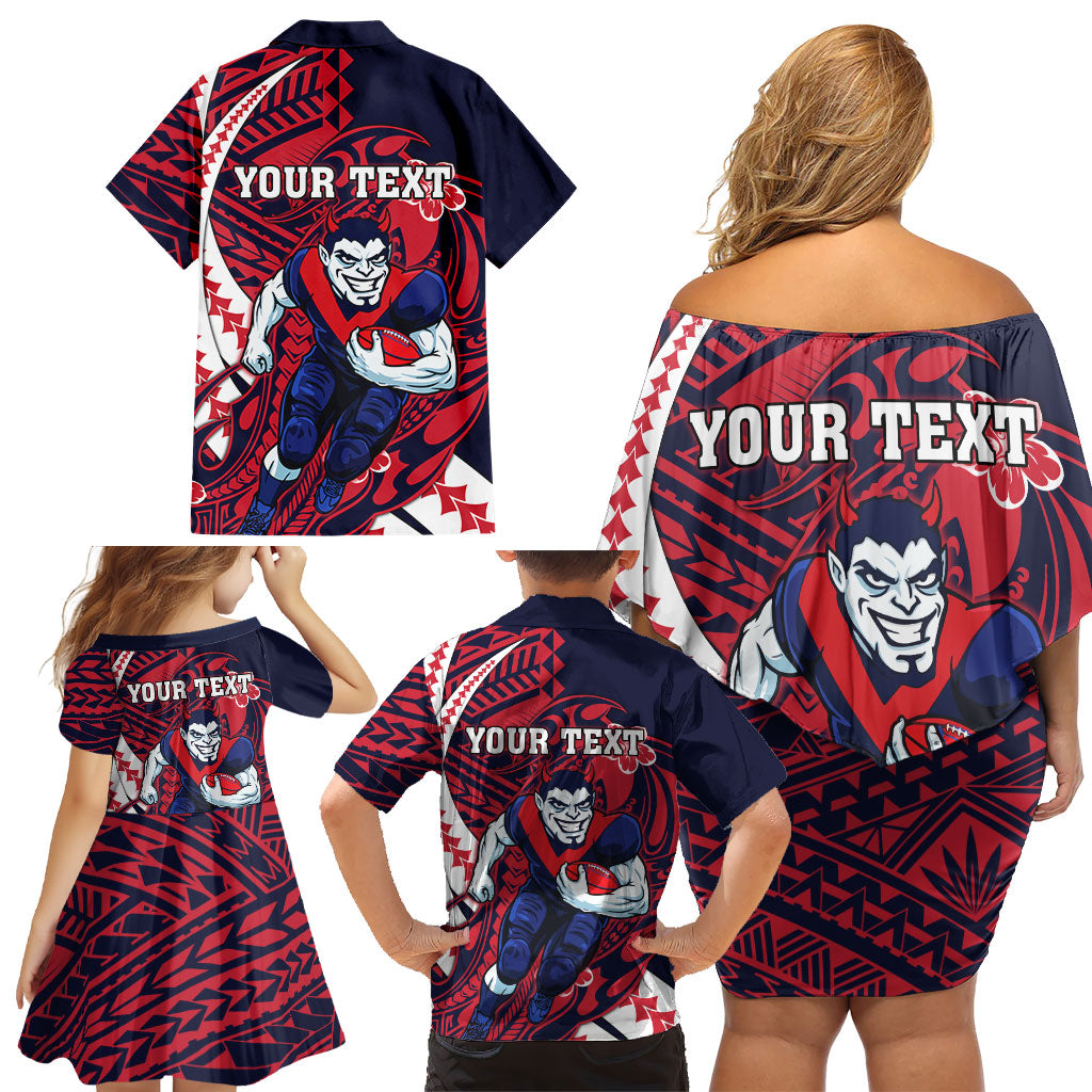 Personalized Melbourne Demons Family Matching Off Shoulder Short Dress and Hawaiian Shirt Polynesian Tribal Demon Mascot With Hibiscus Floral Art