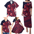 Personalized Melbourne Demons Family Matching Puletasi and Hawaiian Shirt Polynesian Tribal Demon Mascot With Hibiscus Floral Art