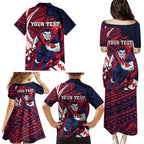 Personalized Melbourne Demons Family Matching Puletasi and Hawaiian Shirt Polynesian Tribal Demon Mascot With Hibiscus Floral Art