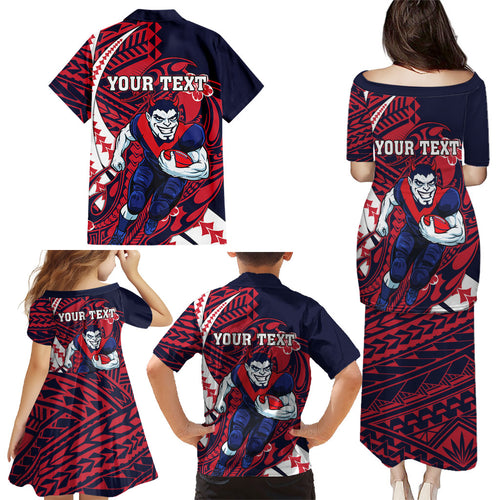 Personalized Melbourne Demons Family Matching Puletasi and Hawaiian Shirt Polynesian Tribal Demon Mascot With Hibiscus Floral Art