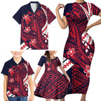 Personalized Melbourne Demons Family Matching Short Sleeve Bodycon Dress and Hawaiian Shirt Polynesian Tribal Demon Mascot With Hibiscus Floral Art