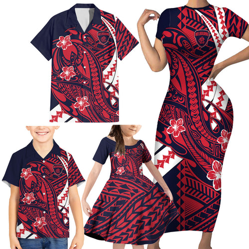 Personalized Melbourne Demons Family Matching Short Sleeve Bodycon Dress and Hawaiian Shirt Polynesian Tribal Demon Mascot With Hibiscus Floral Art