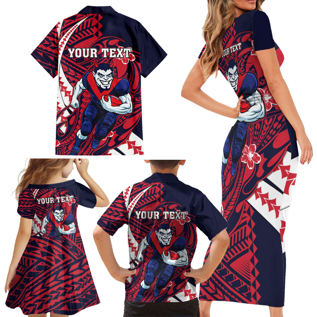 Personalized Melbourne Demons Family Matching Short Sleeve Bodycon Dress and Hawaiian Shirt Polynesian Tribal Demon Mascot With Hibiscus Floral Art