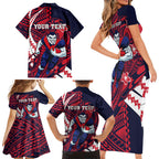 Personalized Melbourne Demons Family Matching Short Sleeve Bodycon Dress and Hawaiian Shirt Polynesian Tribal Demon Mascot With Hibiscus Floral Art