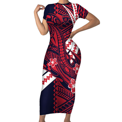 Personalized Melbourne Demons Family Matching Short Sleeve Bodycon Dress and Hawaiian Shirt Polynesian Tribal Demon Mascot With Hibiscus Floral Art