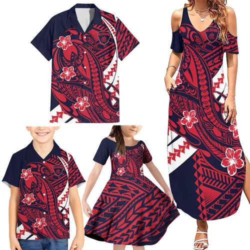 Personalized Melbourne Demons Family Matching Summer Maxi Dress and Hawaiian Shirt Polynesian Tribal Demon Mascot With Hibiscus Floral Art