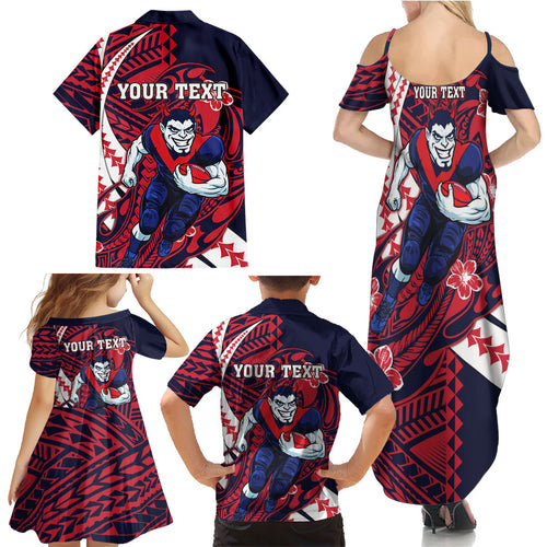 Personalized Melbourne Demons Family Matching Summer Maxi Dress and Hawaiian Shirt Polynesian Tribal Demon Mascot With Hibiscus Floral Art