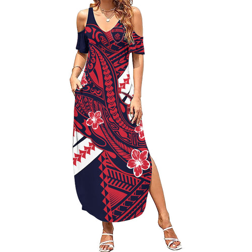 Personalized Melbourne Demons Family Matching Summer Maxi Dress and Hawaiian Shirt Polynesian Tribal Demon Mascot With Hibiscus Floral Art