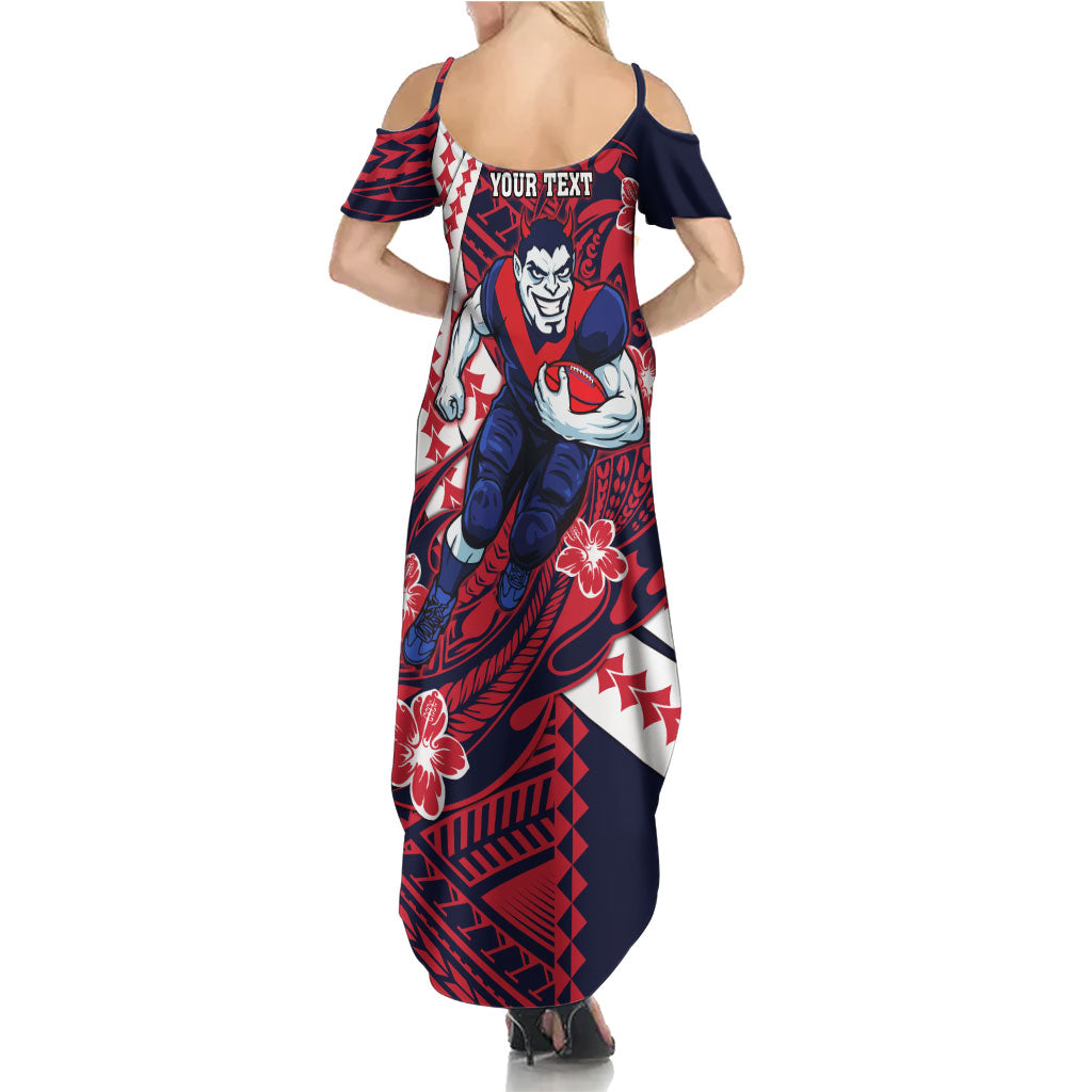 Personalized Melbourne Demons Family Matching Summer Maxi Dress and Hawaiian Shirt Polynesian Tribal Demon Mascot With Hibiscus Floral Art