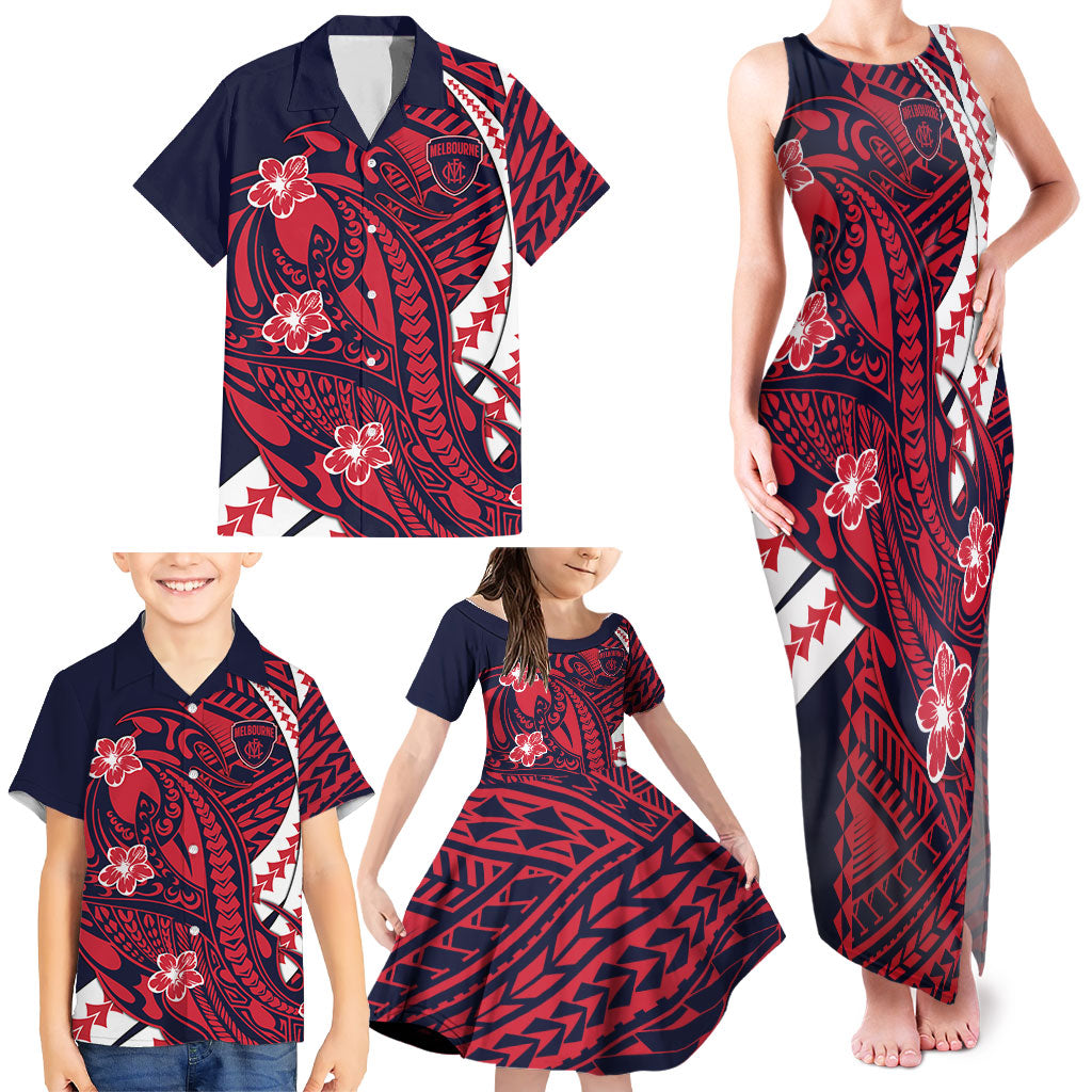 Personalized Melbourne Demons Family Matching Tank Maxi Dress and Hawaiian Shirt Polynesian Tribal Demon Mascot With Hibiscus Floral Art