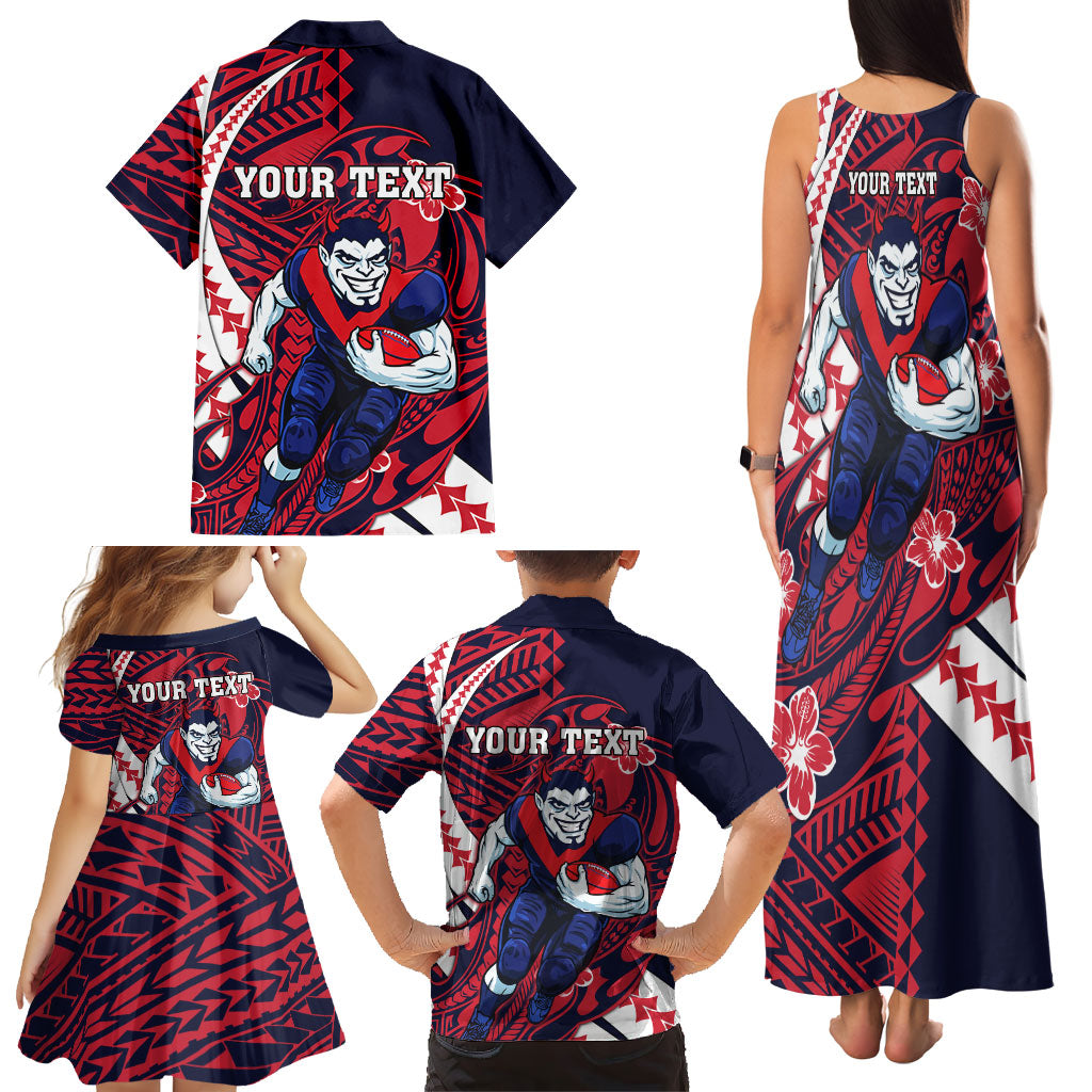Personalized Melbourne Demons Family Matching Tank Maxi Dress and Hawaiian Shirt Polynesian Tribal Demon Mascot With Hibiscus Floral Art