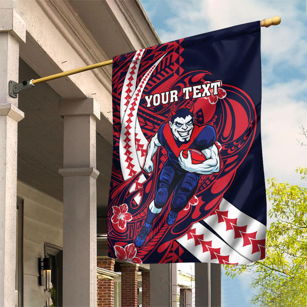 Personalized Melbourne Demons Garden Flag Polynesian Tribal Demon Mascot With Hibiscus Floral Art