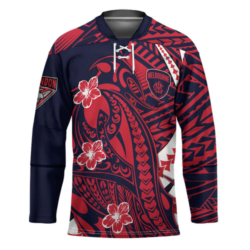 Personalized Melbourne Demons Hockey Jersey Polynesian Tribal Demon Mascot With Hibiscus Floral Art