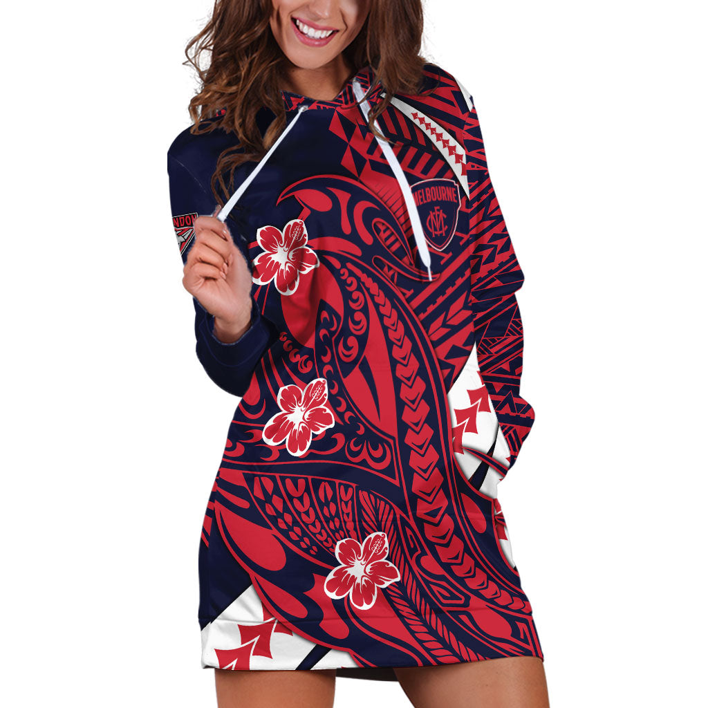 Personalized Melbourne Demons Hoodie Dress Polynesian Tribal Demon Mascot With Hibiscus Floral Art