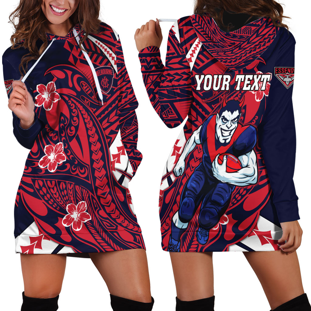 Personalized Melbourne Demons Hoodie Dress Polynesian Tribal Demon Mascot With Hibiscus Floral Art