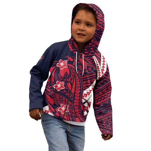 Personalized Melbourne Demons Kid Hoodie Polynesian Tribal Demon Mascot With Hibiscus Floral Art