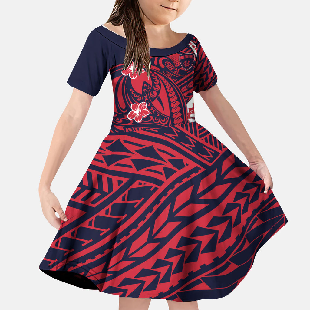 Personalized Melbourne Demons Kid Short Sleeve Dress Polynesian Tribal Demon Mascot With Hibiscus Floral Art