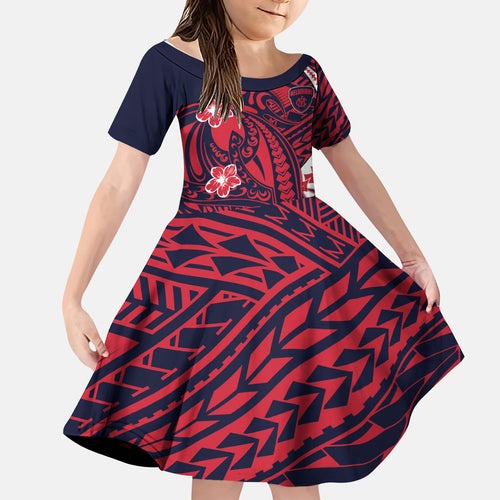 Personalized Melbourne Demons Kid Short Sleeve Dress Polynesian Tribal Demon Mascot With Hibiscus Floral Art