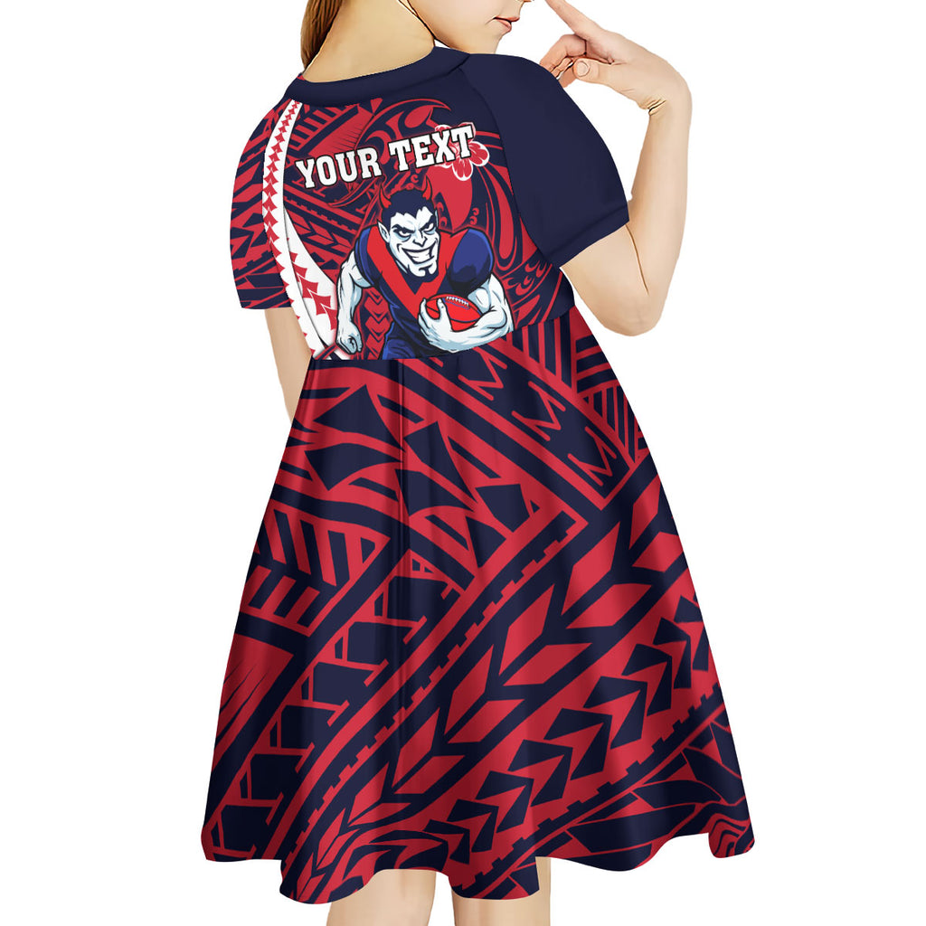 Personalized Melbourne Demons Kid Short Sleeve Dress Polynesian Tribal Demon Mascot With Hibiscus Floral Art