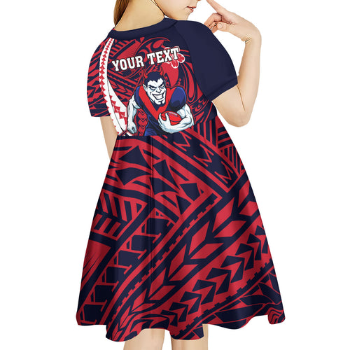 Personalized Melbourne Demons Kid Short Sleeve Dress Polynesian Tribal Demon Mascot With Hibiscus Floral Art