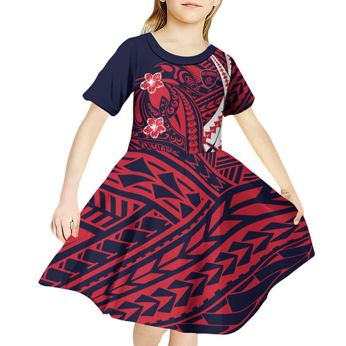 Personalized Melbourne Demons Kid Short Sleeve Dress Polynesian Tribal Demon Mascot With Hibiscus Floral Art