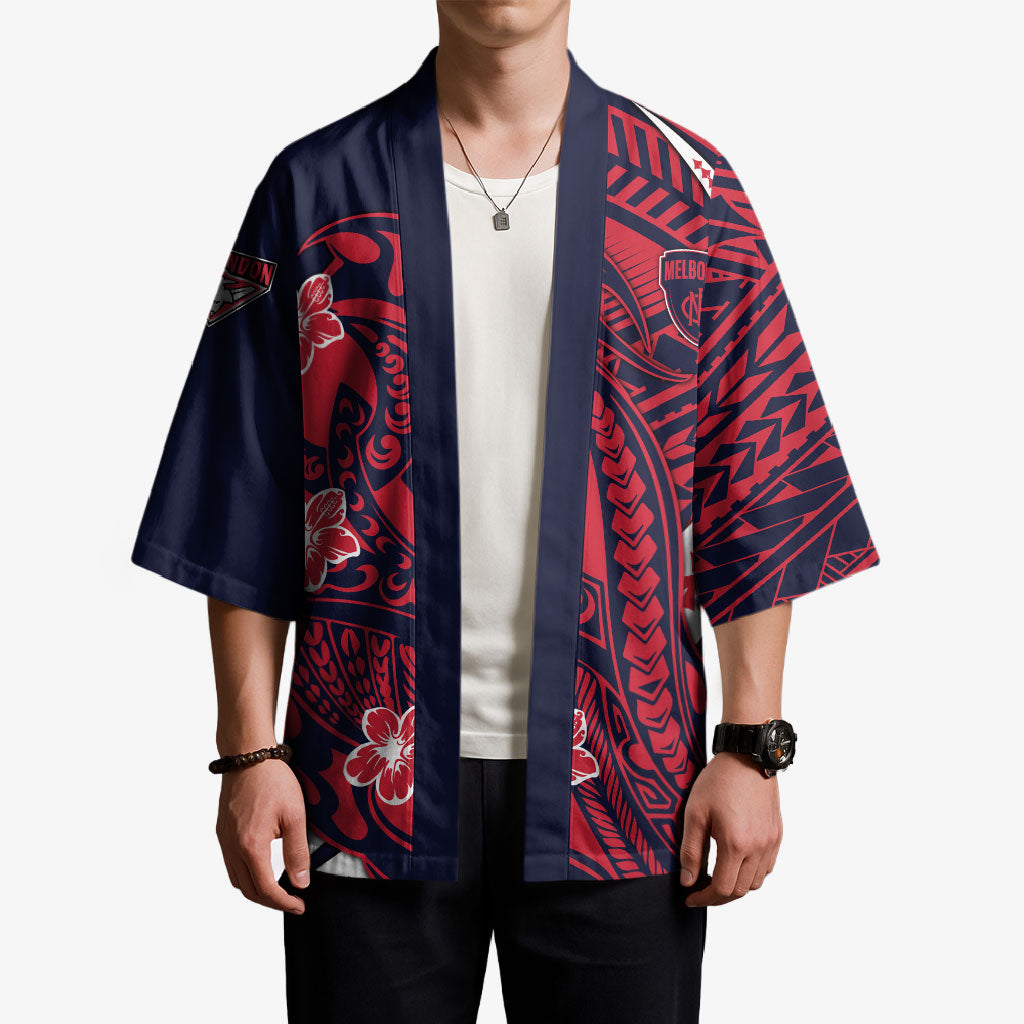 Personalized Melbourne Demons Kimono Polynesian Tribal Demon Mascot With Hibiscus Floral Art
