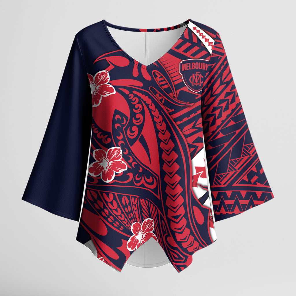 Personalized Melbourne Demons Kimono Sleeve Blouse Polynesian Tribal Demon Mascot With Hibiscus Floral Art