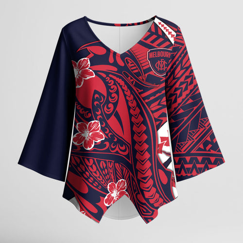 Personalized Melbourne Demons Kimono Sleeve Blouse Polynesian Tribal Demon Mascot With Hibiscus Floral Art