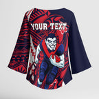 Personalized Melbourne Demons Kimono Sleeve Blouse Polynesian Tribal Demon Mascot With Hibiscus Floral Art