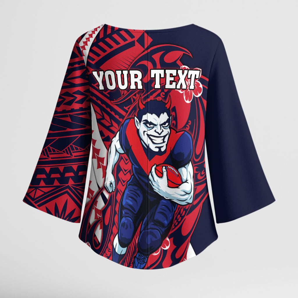 Personalized Melbourne Demons Kimono Sleeve Blouse Polynesian Tribal Demon Mascot With Hibiscus Floral Art
