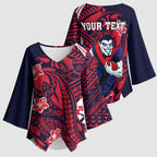 Personalized Melbourne Demons Kimono Sleeve Blouse Polynesian Tribal Demon Mascot With Hibiscus Floral Art