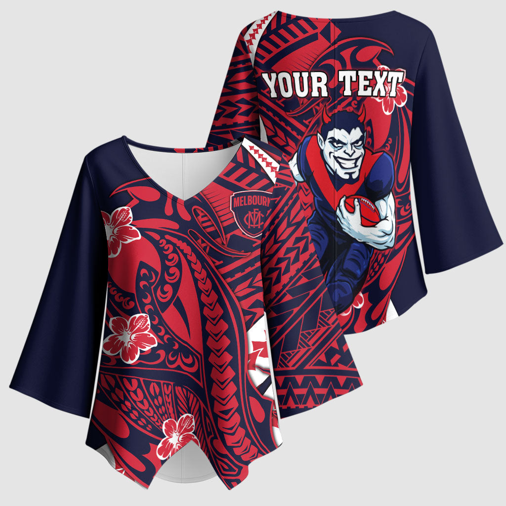 Personalized Melbourne Demons Kimono Sleeve Blouse Polynesian Tribal Demon Mascot With Hibiscus Floral Art