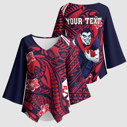 Personalized Melbourne Demons Kimono Sleeve Blouse Polynesian Tribal Demon Mascot With Hibiscus Floral Art