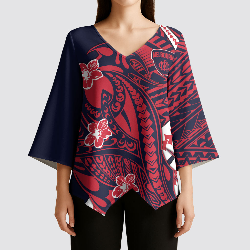 Personalized Melbourne Demons Kimono Sleeve Blouse Polynesian Tribal Demon Mascot With Hibiscus Floral Art