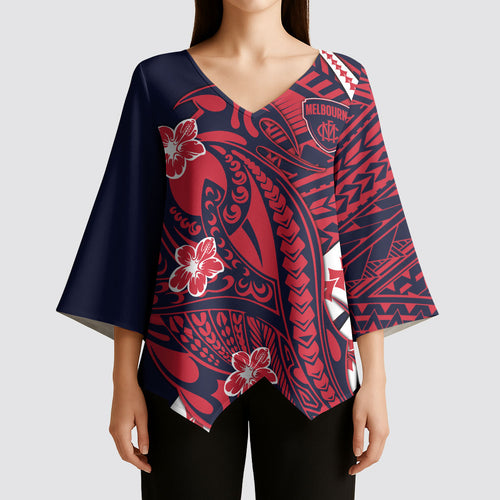 Personalized Melbourne Demons Kimono Sleeve Blouse Polynesian Tribal Demon Mascot With Hibiscus Floral Art