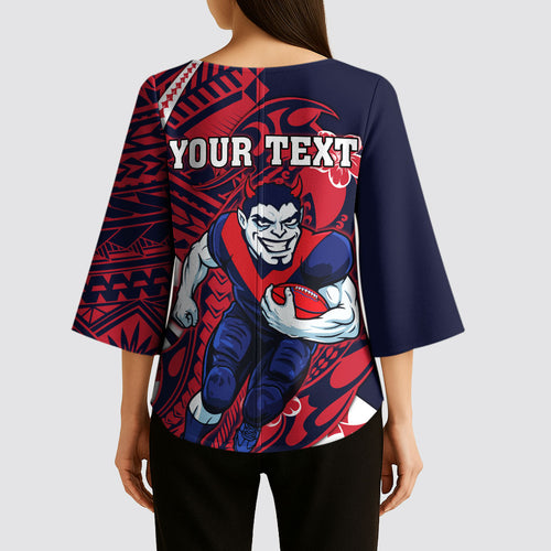 Personalized Melbourne Demons Kimono Sleeve Blouse Polynesian Tribal Demon Mascot With Hibiscus Floral Art