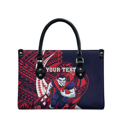 Personalized Melbourne Demons Leather Bag Polynesian Tribal Demon Mascot With Hibiscus Floral Art