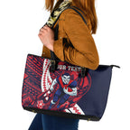 Personalized Melbourne Demons Leather Tote Bag Polynesian Tribal Demon Mascot With Hibiscus Floral Art