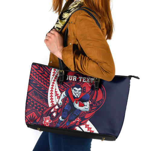 Personalized Melbourne Demons Leather Tote Bag Polynesian Tribal Demon Mascot With Hibiscus Floral Art