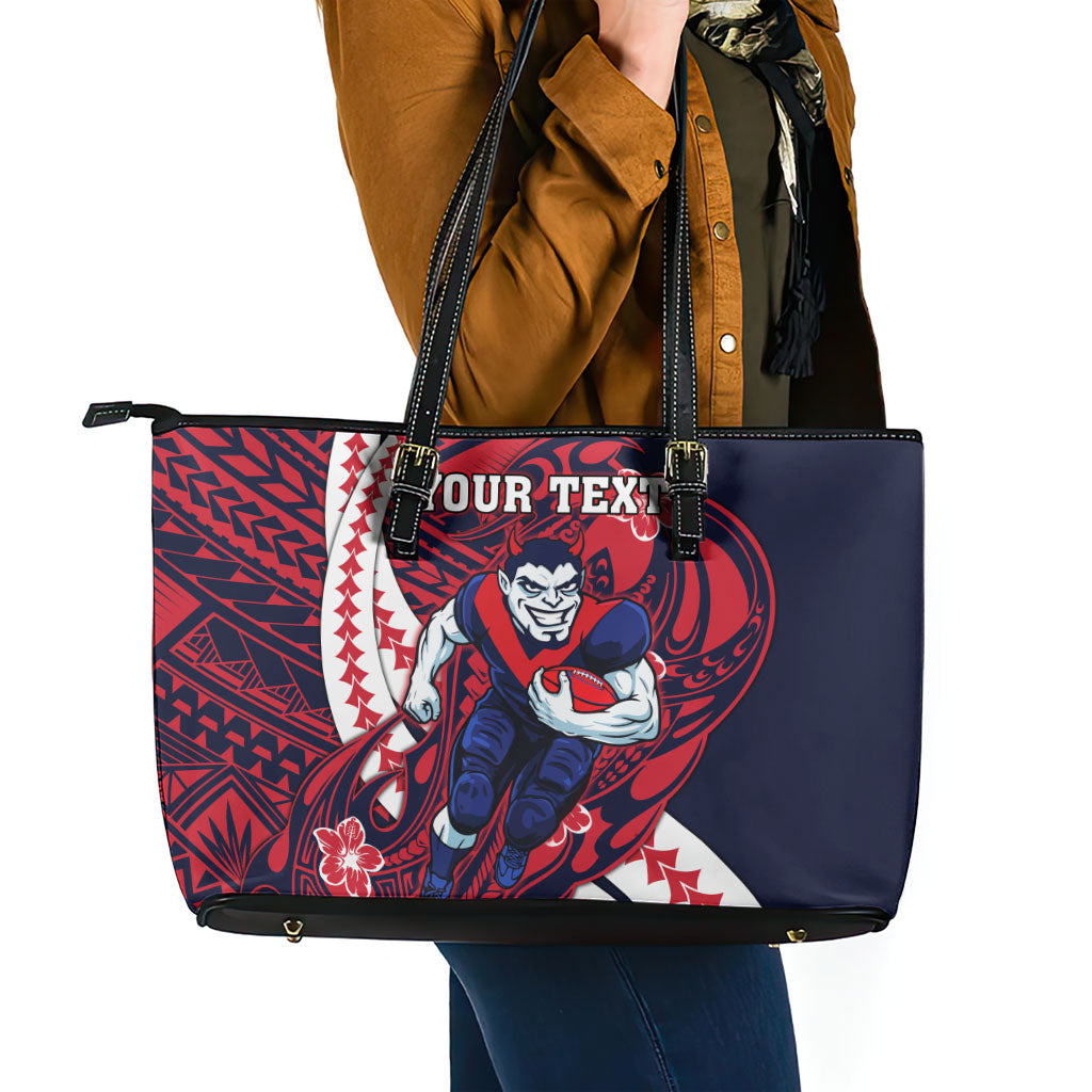 Personalized Melbourne Demons Leather Tote Bag Polynesian Tribal Demon Mascot With Hibiscus Floral Art