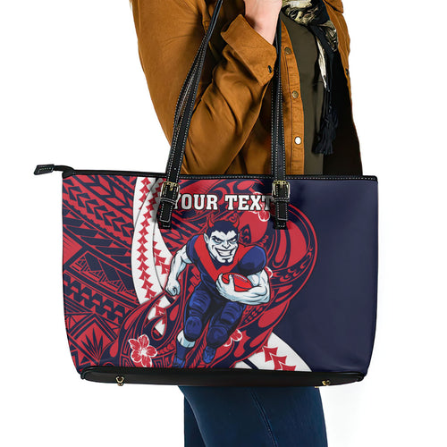 Personalized Melbourne Demons Leather Tote Bag Polynesian Tribal Demon Mascot With Hibiscus Floral Art