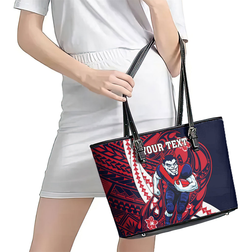 Personalized Melbourne Demons Leather Tote Bag Polynesian Tribal Demon Mascot With Hibiscus Floral Art