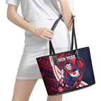 Personalized Melbourne Demons Leather Tote Bag Polynesian Tribal Demon Mascot With Hibiscus Floral Art