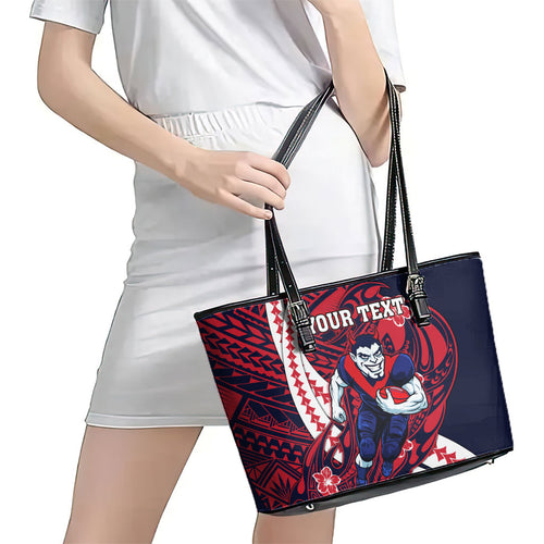 Personalized Melbourne Demons Leather Tote Bag Polynesian Tribal Demon Mascot With Hibiscus Floral Art