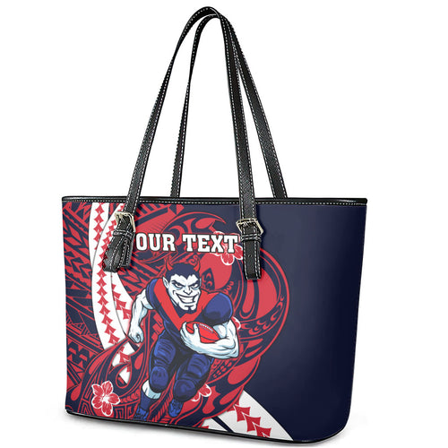 Personalized Melbourne Demons Leather Tote Bag Polynesian Tribal Demon Mascot With Hibiscus Floral Art