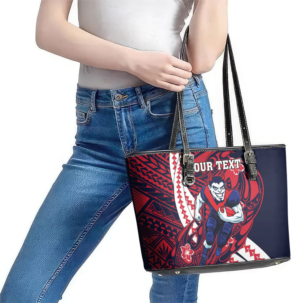 Personalized Melbourne Demons Leather Tote Bag Polynesian Tribal Demon Mascot With Hibiscus Floral Art