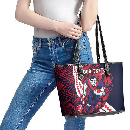 Personalized Melbourne Demons Leather Tote Bag Polynesian Tribal Demon Mascot With Hibiscus Floral Art