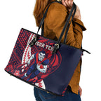 Personalized Melbourne Demons Leather Tote Bag Polynesian Tribal Demon Mascot With Hibiscus Floral Art