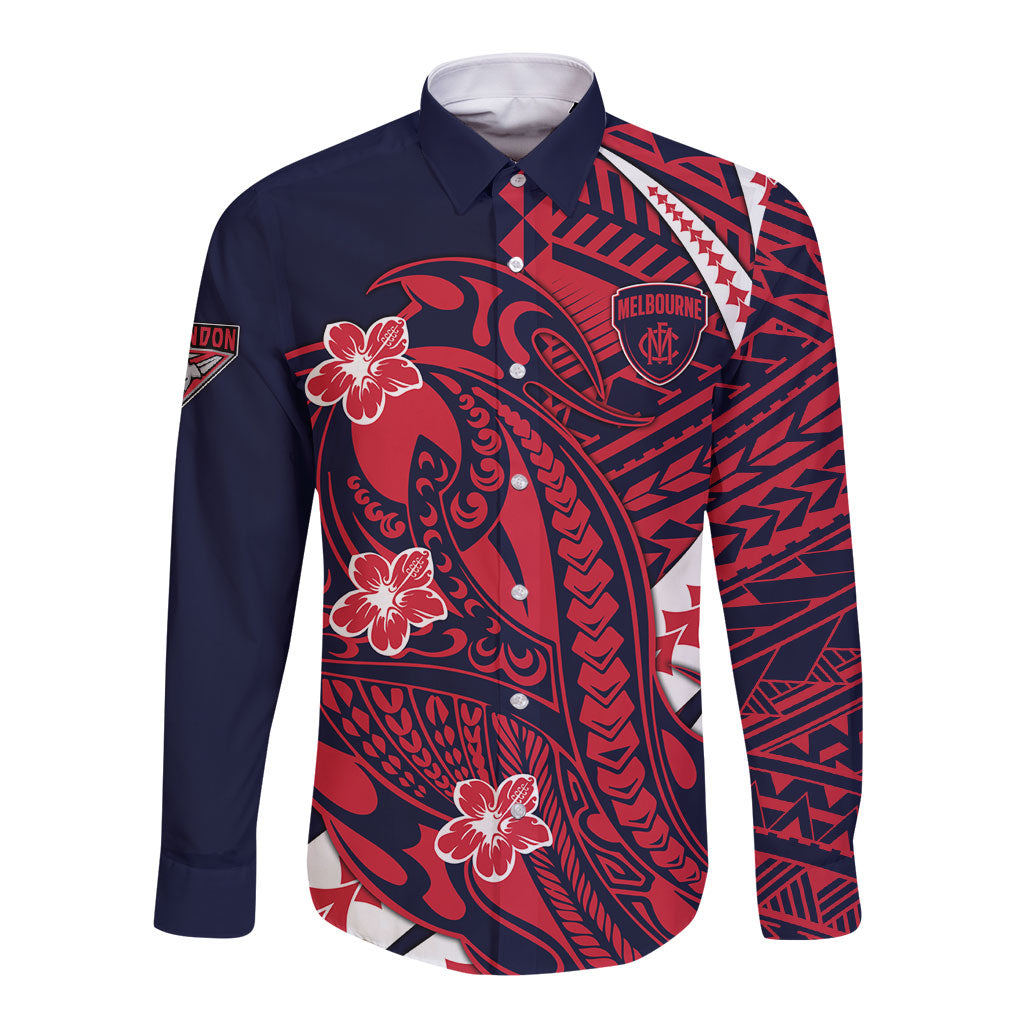 Personalized Melbourne Demons Long Sleeve Button Shirt Polynesian Tribal Demon Mascot With Hibiscus Floral Art